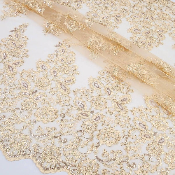 Champagne Polyester Floral Embroidery with Sequins on Mesh Lace Fabric by the Yard for Gown- Wedding- Bridesmaid- Prom- Dress- STYLE 252