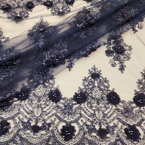 Navy Blue 3D Polyester Floral Embroidery with Sequins on Mesh Lace Fabric by the Yard for Gowns, Bridal, Wedding, Nightgowns - STYLE 189