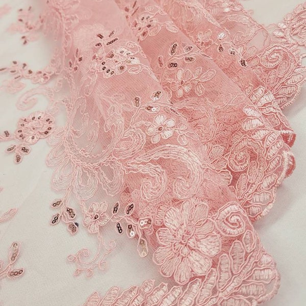 PINK Polyester Floral Embroidery with Sequins on Mesh Lace Fabric by the Yard for Gown - Wedding - Bridesmaid - Prom - Couture - STYLE 203