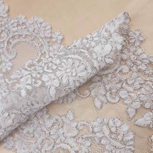 White Silver Alencon Lace Trim, Corded Trim, Floral Scalloped Lace, Bridal Wedding Veil Lace Trimming, Trim Fabric, 9&quot; Trim Lace- Style 163
