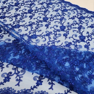 Royal Blue Polyester Floral Embroidery with Sequins on Mesh Lace Fabric by the Yard for Bridesmaid- Prom- Couture- Bridal- Gown- Style 117