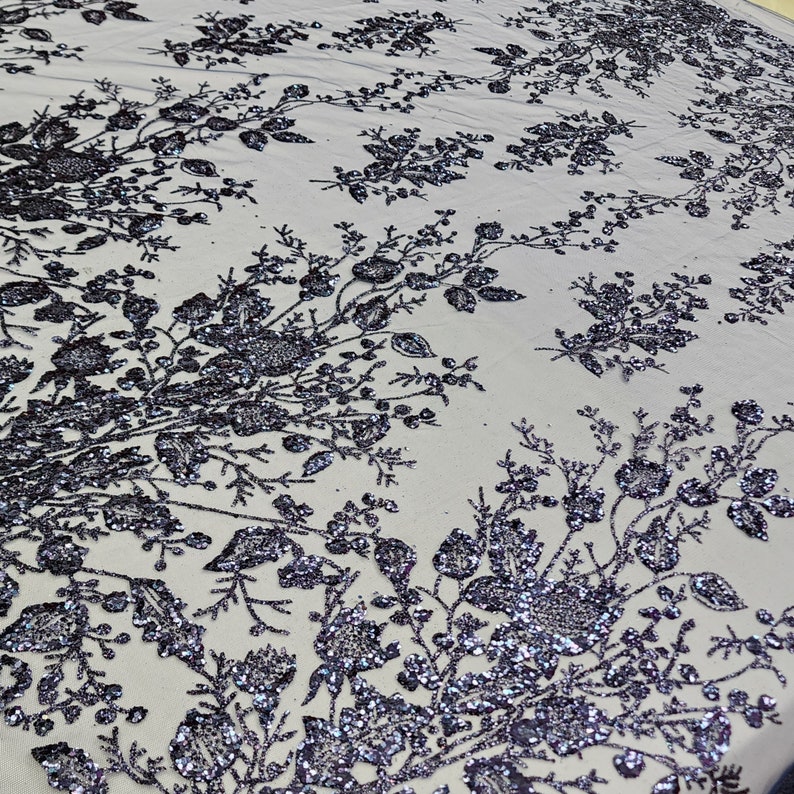 Navy Blue Floral Glitter Sparkle Design on Mesh Lace Fabric by the Yard ...