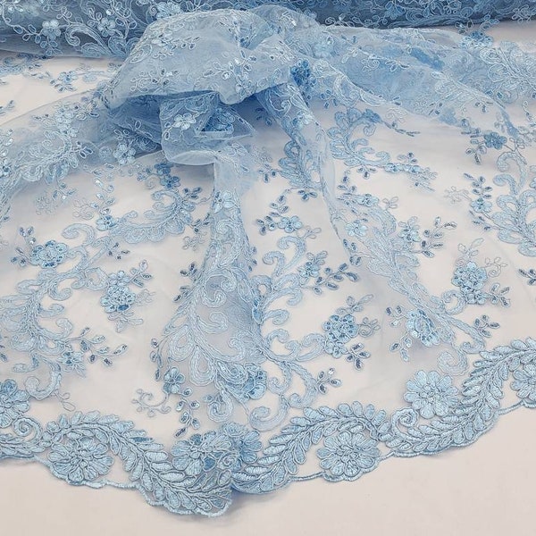 Baby Blue Polyester Floral Embroidery with Sequins on Mesh Lace Fabric by the Yard for Gown - Bridesmaid - Prom Dress - Couture - STYLE 203