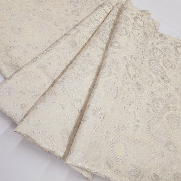 Swiss Ivory Silver Rounded/Circle Floral Design Brocade Jacquard Fabric By The Yard For Couture Events Blouses Bridal Gown Decor - STYLE 327