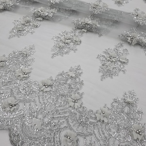 Silver 3D Polyester Floral Embroidery with Sequins on Mesh Lace Fabric by the Yard for Gown- Bridal- Dress- Prom- Couture- DIY- Style 189