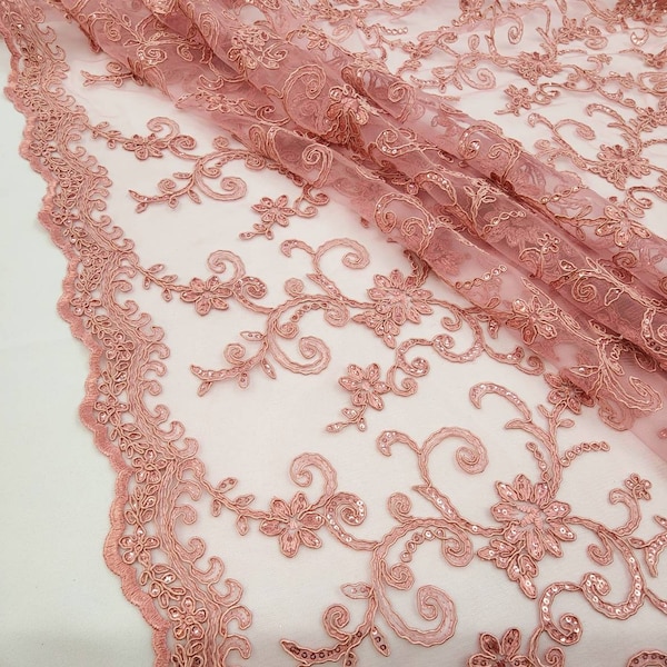 Dusty Rose Polyester Floral Embroidery with Sequins on Mesh Lace Fabric by the Yard for Bridesmaid- Prom-Formal Dress-Bridal-Gown-Style 117