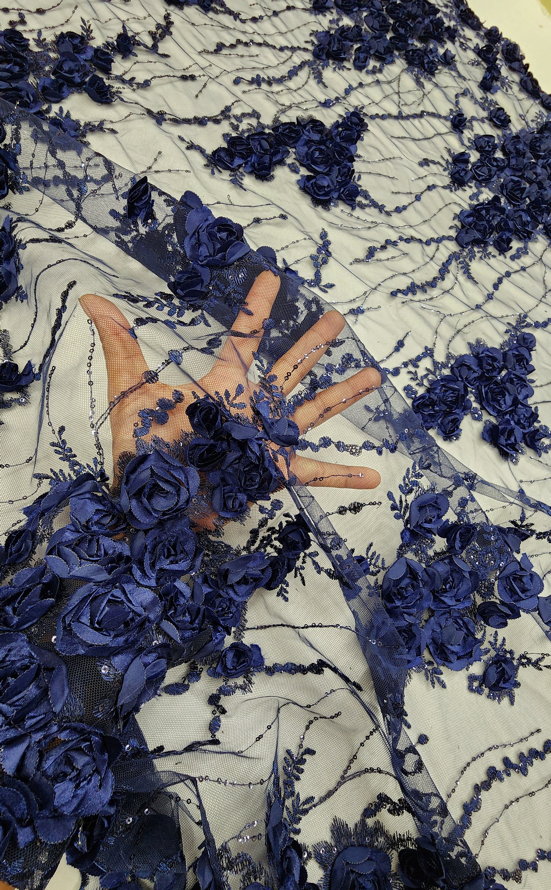 Navy Blue Floral 3D Embroidery With Sequins on Mesh Lace Fabric by the ...