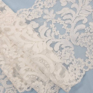 Ivory Alencon Lace Trim, Corded Trim, Floral Scalloped Lace, Bridal Wedding Veil Lace Trimming , Light Ivory Lace, 9&quot; Trim Fabric- Style 162