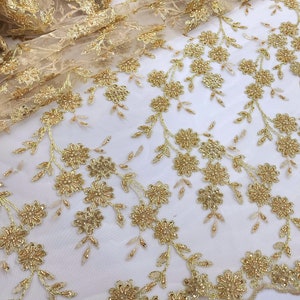 GOLD Embroidery Floral with Beads and Sequins on Mesh Lace Fabric by the Yard for Gowns - Bridal - Appliqué - Wedding - Couture - STYLE 313