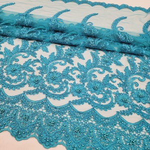 Turquoise Blue Floral Embroidery with Beads and Sequins on Mesh Lace Fabric by the Yard For Gowns, Trims, Appliqué, Couture - STYLE 187