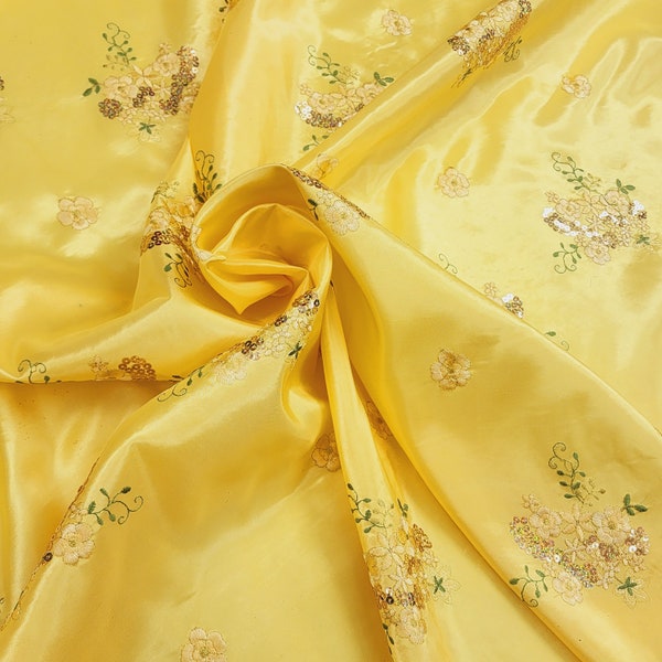 YELLOW Floral Embroidery with Sequins on Taffeta Fabric By The Yard for Gown - Costume - Event - Bridesmaid - Wedding - Backdrop - STYLE 325