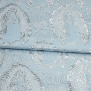 Baby Blue Silver Religious brocade - Our Lady of Guadalupe Jacquard fabric - Vestment - Liturgical Fabric - Church- Decor - STYLE 107