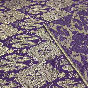 4 kleuren metallic liturgische brokaat jacquardstof per meter voor kerkdecoratie, kerkelijk religieus kruis, hostiebekers, tafelloper, STIJL 225 Purple Gold