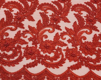 RED Floral Embroidery with Beads and Sequins on Mesh Lace Fabric by the Yard for Gowns Dress Couture Appliqué Fashion Skrits - STYLE 187