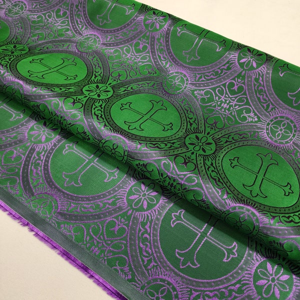 Emerald Green Purple Religious Brocade - Liturgical Fabric - Ecclesiastical - Church - Vestment - Cross Jacquard by the yard - STYLE 121