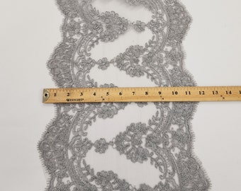 Silver Floral Corded Embroidery on Mesh Lace Fabric by the Yard for Edging Bridal Dress Runner Table Center Decor Crafts 10" - STYLE 133