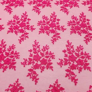 Fuchsia Embroidery Floral on Mesh Lace Fabric By The Yard For Gown - Bridal - Party Dress - Wedding - Prom - Bridesmaid - Decor - STYLE 215
