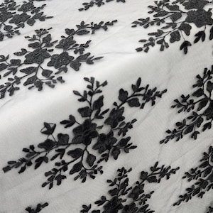 BLACK Embroidery Floral on Mesh Lace Fabric By The Yard For Evening - Party - Dress - Gown - Wedding - Prom - Bridesmaid - DIY - STYLE 215