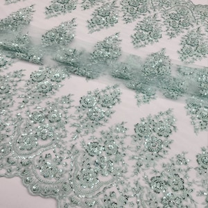 Light Aqua Mint Floral Embroidery with Beads and Sequins on Mesh Lace Fabric by the Yard For Bridesmaid - Appliqué - Couture - STYLE 275