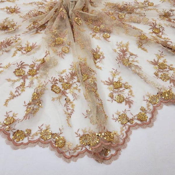 Champagne Copper Floral Embroidery with Beads and Sequins on Mesh Lace Fabric by the Yard For Bridal - Bridesmaid - Appliqué - STYLE 186