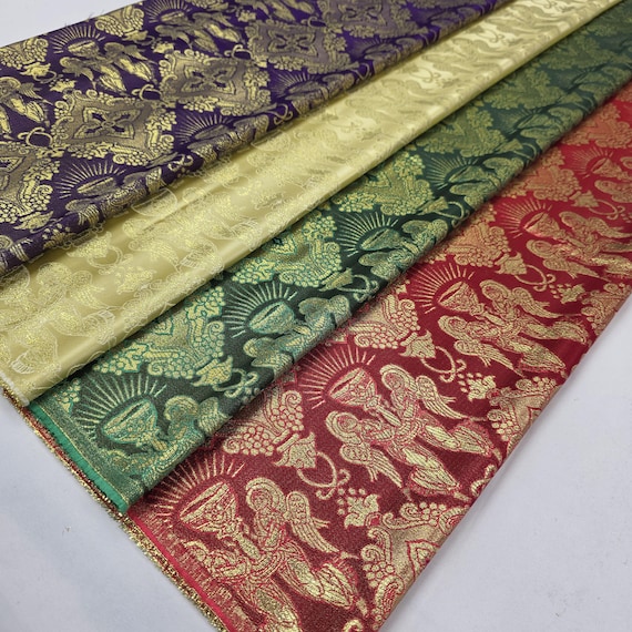 4 Colors Metallic Liturgical Brocade Jacquard Fabric by the Yard for Church Decor Ecclesiastical Religious Cross Host Cups Runner, STYLE 225
