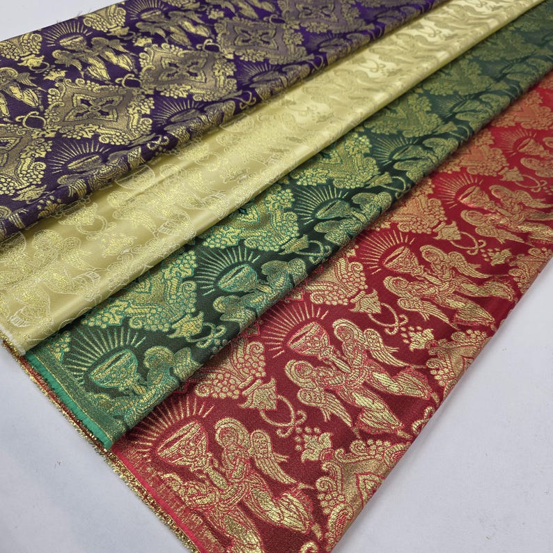 4 kleuren metallic liturgische brokaat jacquardstof per meter voor kerkdecoratie, kerkelijk religieus kruis, hostiebekers, tafelloper, STIJL 225 afbeelding 1