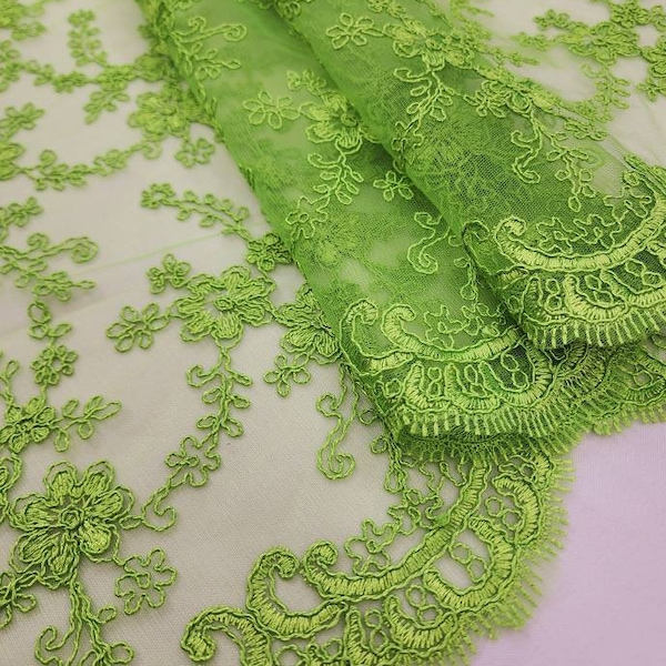 Apple Green Floral Embroidery on Mesh Lace Fabric by the Yard for Bridal - Gown - Party - Bridesmaid- Couture - Party Dress - DIY- STYLE 136