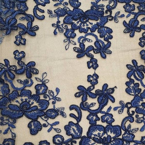 Navy Blue Floral Embroidery Trim on mesh Lace Fabric by the yard - Scalloped - Trimming - 11 inches lace Trim - Narrow - STYLE 261