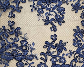 Navy Blue Floral Embroidery Trim on mesh Lace Fabric by the yard - Scalloped - Trimming - 11 inches lace Trim - Narrow - STYLE 261