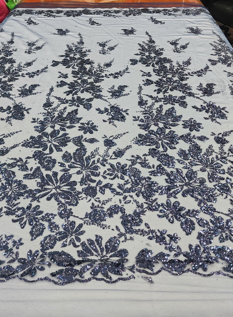 Navy Blue Floral Glitter Sparkle Design on Mesh Lace Fabric by the Yard ...