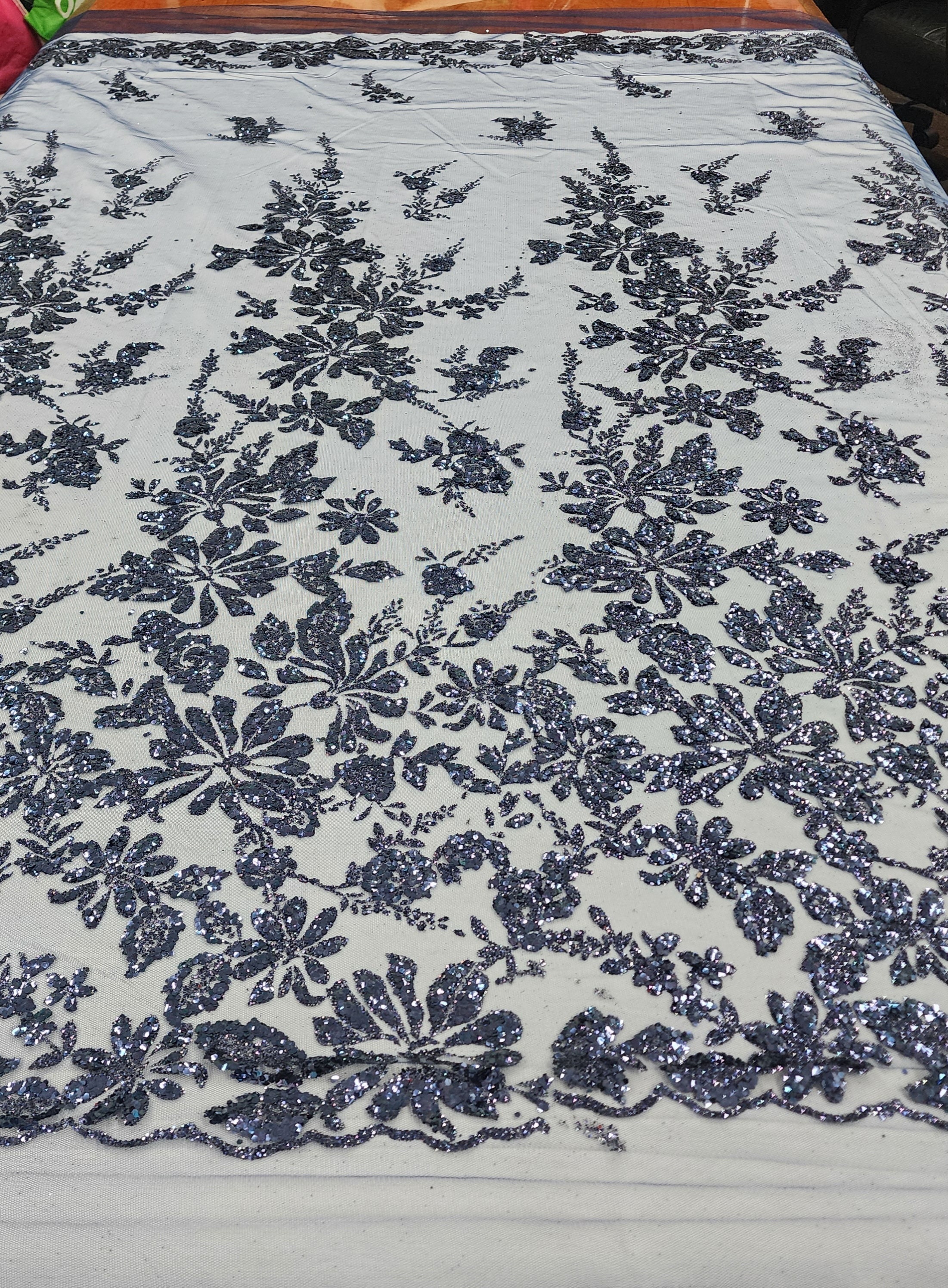 Navy Blue Floral Glitter Sparkle Design on Mesh Lace Fabric by the Yard ...