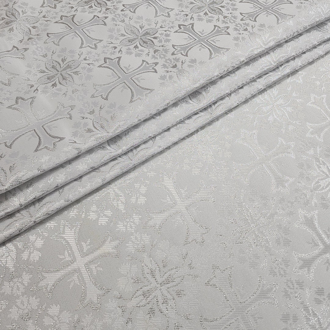 White Silver Religious Brocade Fabric - Liturgical - Ecclesiastical ...