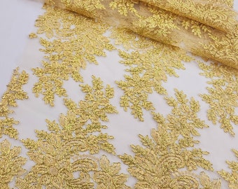 Gold Lace Fabric, champagne bridal lace, Gold Floral Embroidery on Black  mesh, 50“ wide lace, ”Gold Fabric by 1 yard