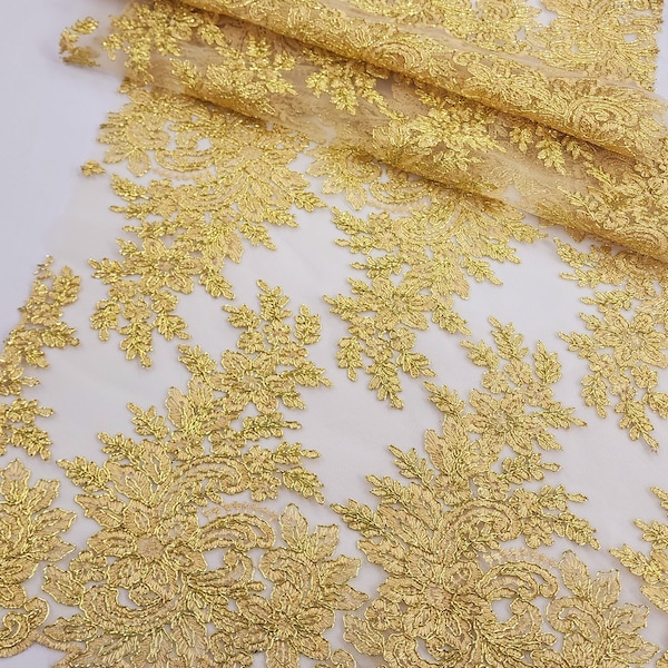 GOLD Polyester Floral Embroidery - Corded - Fabric by the Yard - Scalloped Lace - Trimming - Table Runner - Overlay - Decor - STYLE 309