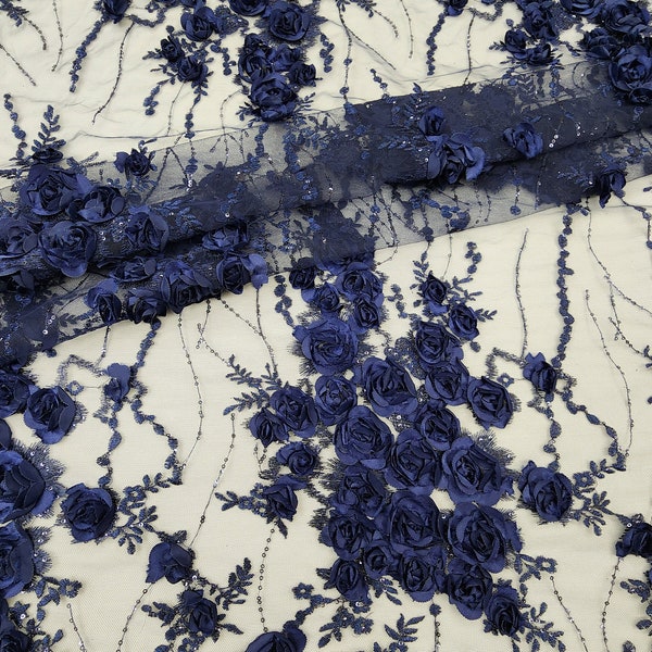 Navy Blue Floral 3D Embroidery with Sequins on Mesh Lace Fabric by the Yard for Gowns- Dress - Bridal- Decor- Appliqué- Prom- DIY- STYLE 167