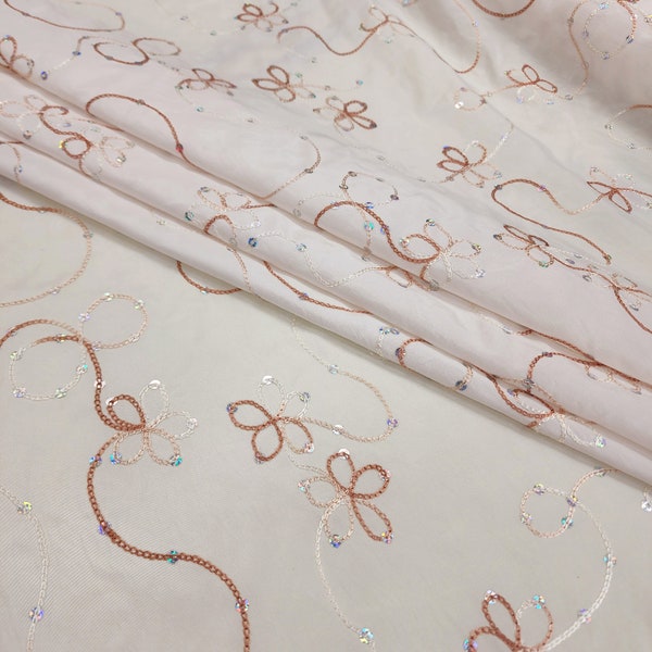 Ivory Brown Corded Floral Embroidery with Sequins on Taffeta Fabric By The Yard for Gowns, Costume, Events, Wedding, Decor, STYLE 109