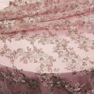Pink Blush Polyester Floral Embroidery with Sequins on Mesh Lace Fabric by the Yard for Gown-Wedding-Bridesmaid-Formal Dress-STYLE 125