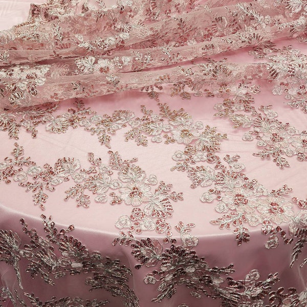 Pink Blush Polyester Floral Embroidery with Sequins on Mesh Lace Fabric by the Yard for Gown-Wedding-Bridesmaid-Formal Dress-STYLE 125