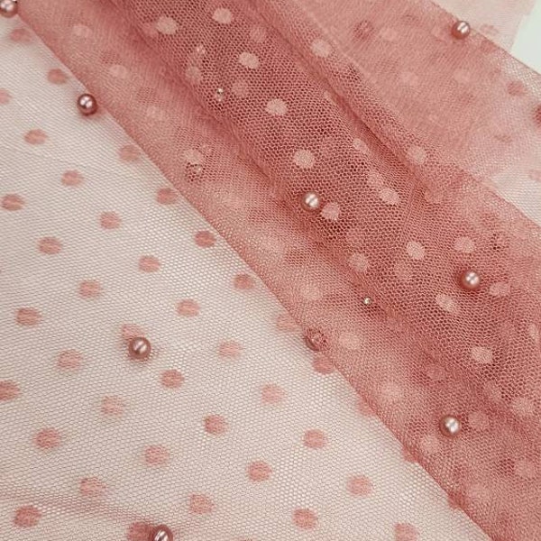 DUSTY ROSE Scattered Pearls Studded Mesh 2-Way Stretch Sheer Dotted Soft Netting tulle fabric with Small Polka Dots By The Yard, STYLE 256