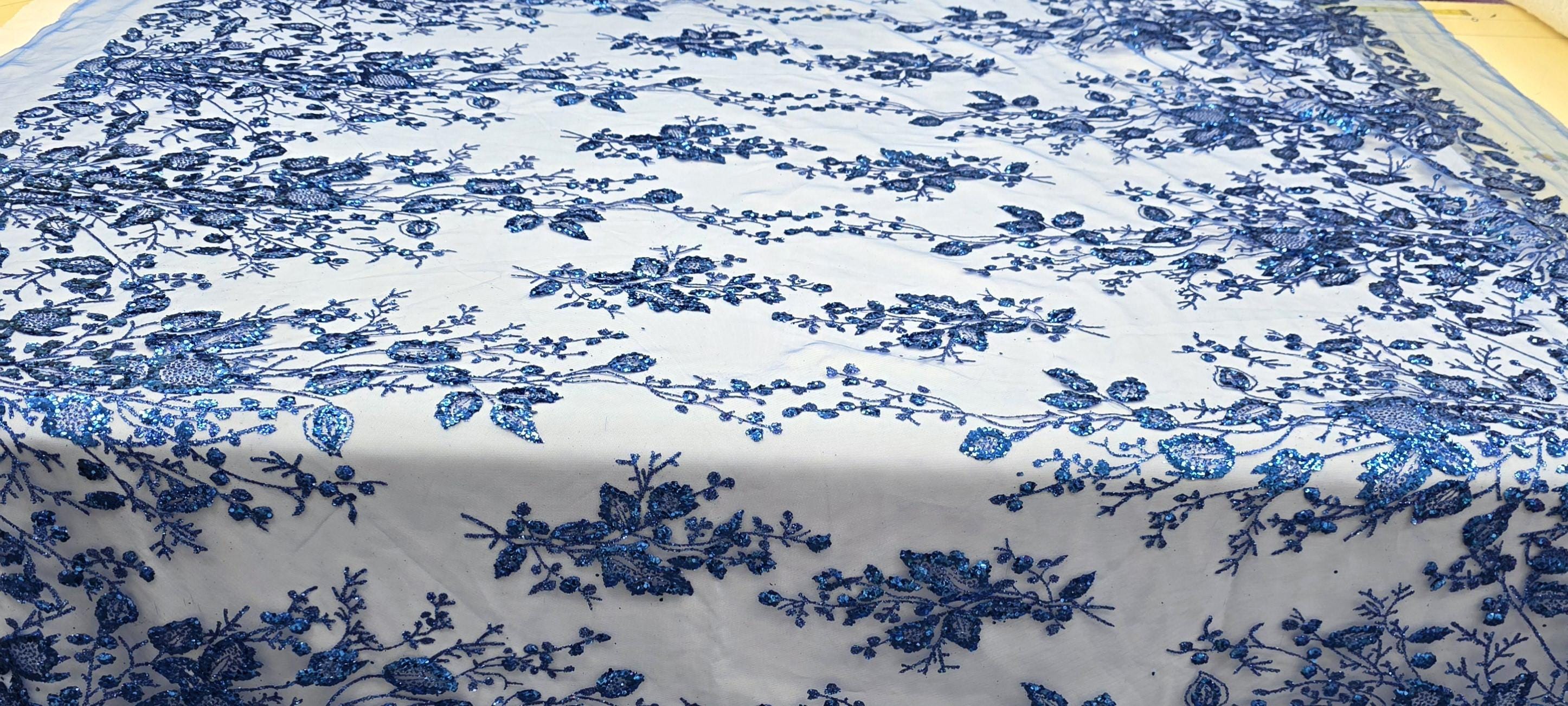 Royal Blue Floral Glitter Sparkle Design on Mesh Lace Fabric by the ...