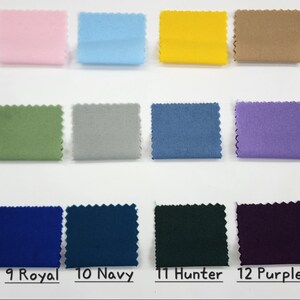 May include: Swatch card with 12 fabric samples in different colors. The colors are: pink, light blue, yellow, brown, green, gray, blue, purple, royal blue, navy blue, hunter green, and purple.