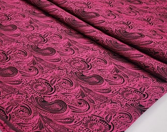 Black Fuchsia Floral Paisley Jacquard Brocade Satin Fabric Sold By The Yard - Embossed Design Multicored 3D Printed - STYLE 001