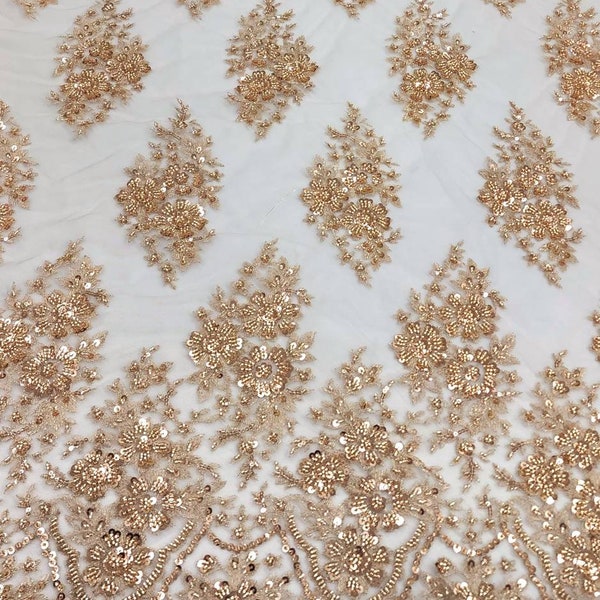 ROSE GOLD Floral Embroidery with Beads and Sequins on Mesh Lace Fabric by the Yard For Bridal - Bridesmaid - Appliqué - Couture - STYLE 275