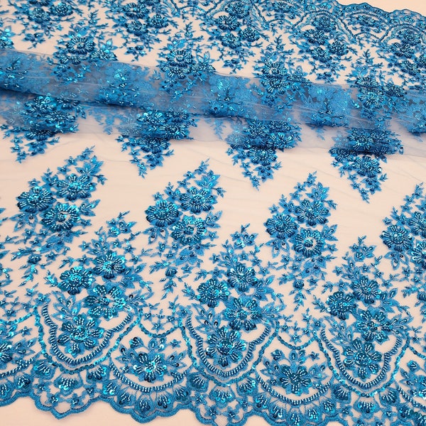 TURQUOISE Floral Embroidery with Beads and Sequins on Mesh Lace Fabric by the Yard For Bridal, Bridesmaid, Appliqué, Couture - STYLE 275