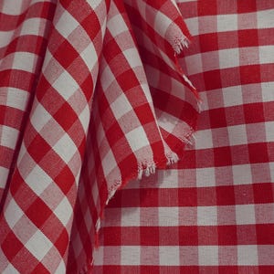 Op de afbeelding: Een stuk stof met een klassiek rood-wit gingham ruitpatroon. Het materiaal is gedrapeerd om plooien en textuur te tonen, met een zichtbare, rafelige rand aan de zijkant van de stof, wat de geweven structuur van het textiel benadrukt.