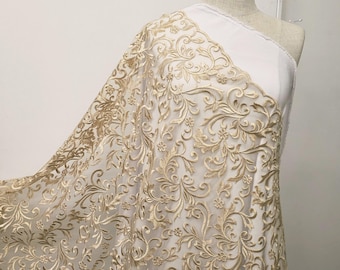 Champagne Floral Swirl Embroidery on Mesh Royalty Lace Fabric by the Yard For Gowns, Weddings, Bridal, Dress, Skirts, Cosplay - STYLE 177