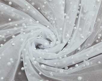 WHITE Scattered Pearls Studded Mesh 2-Way Stretch Sheer Pearls on Soft Netting Tulle Fabric by the yard VeilsWedding Gowns - STYLE 256
