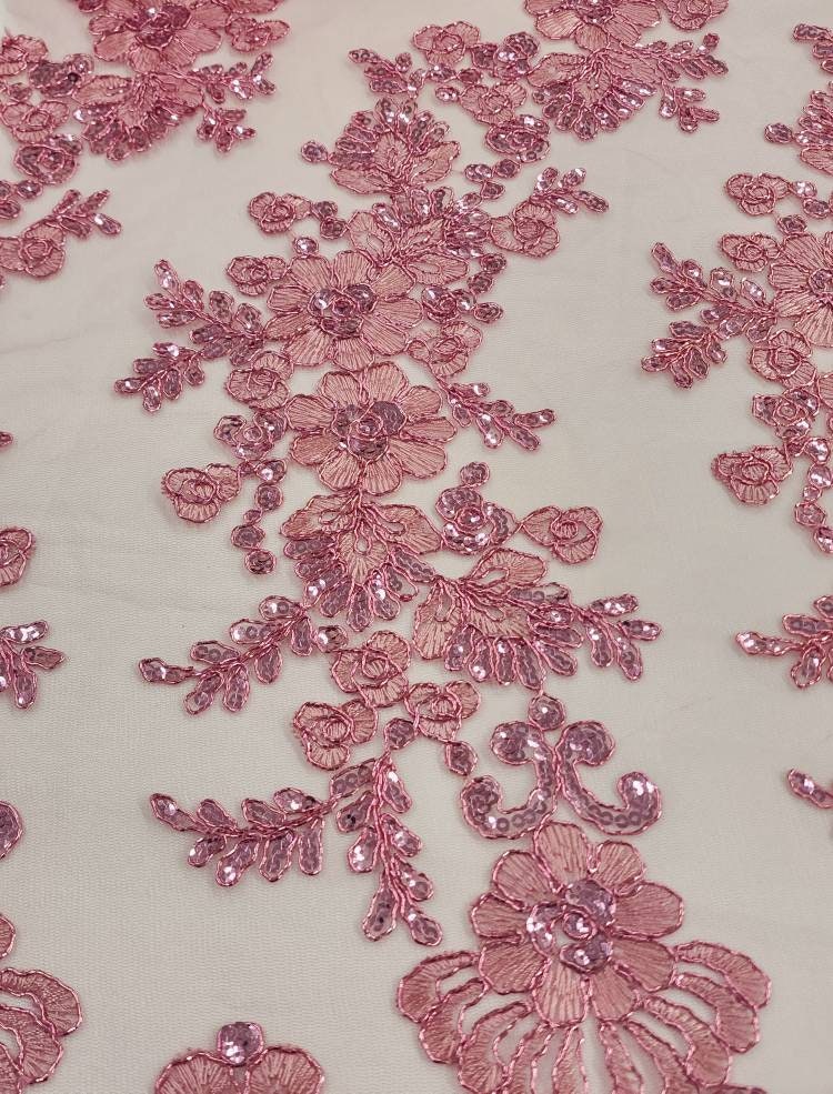 DUSTY ROSE DIVA DESIGN EMBROIDERY WITH HEAVY BEADED ON A MESH-SOLD BY YARD.