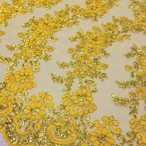 Ricamo floreale in poliestere GIALLO con paillettes su tessuto di pizzo a rete tagliato su misura per abito - matrimonio - damigella d&#39;onore - abito formale - STILE 125