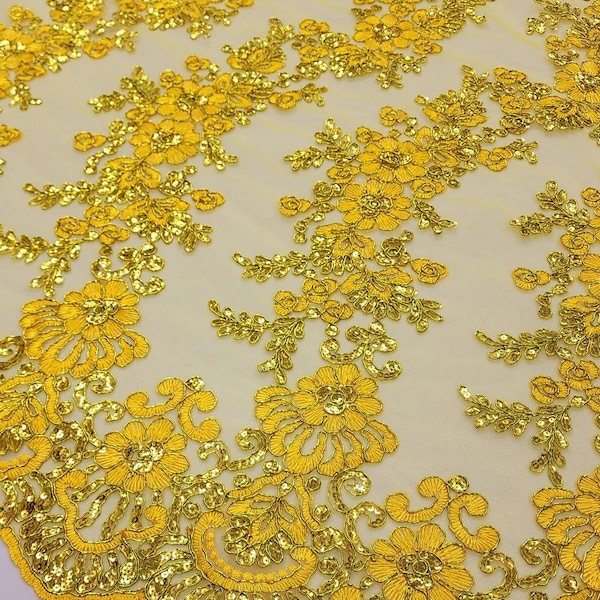 YELLOW Polyester Floral Embroidery with Sequins on Mesh Lace Fabric by the Yard for Gown - Wedding - Bridesmaid - Formal Dress - STYLE 125